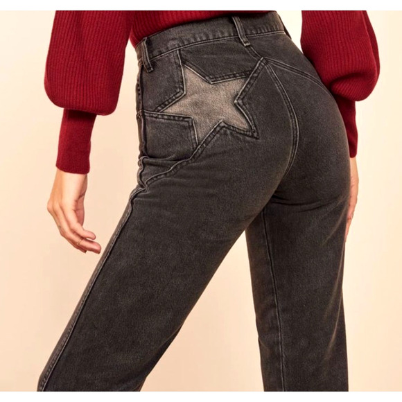 Reformation 26 High Rise Straight Leg STAR Seamed Jeans Crop Denim Washed Black - Picture 3 of 10